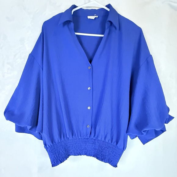 Oddi Tops - Oddi Cobalt Blue Smocked Hem Blouse M Balloon Sleeve Lightweight Boho Top
